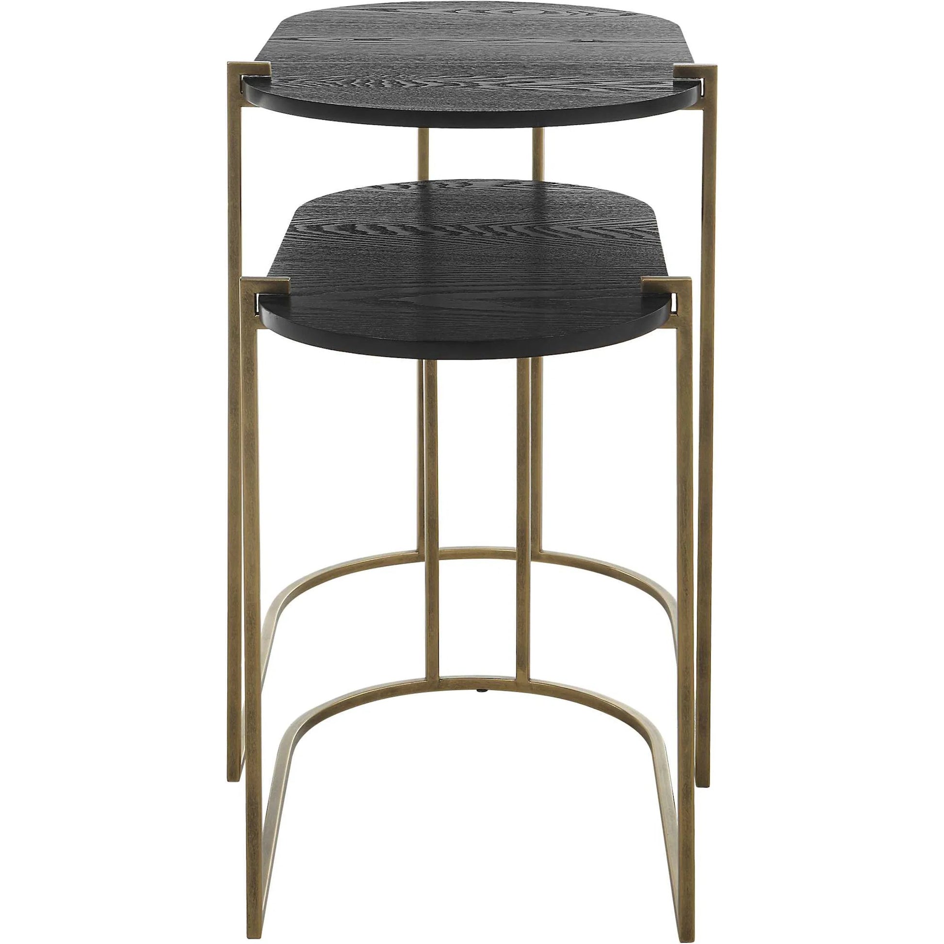 Aztec Nesting Tables by Uttermost in antique brass, ebony. Made from iron, mdf, ash in a modern style.
