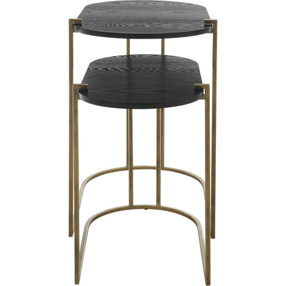 Aztec Nesting Tables by Uttermost in antique brass, ebony. Made from iron, mdf, ash in a modern style.