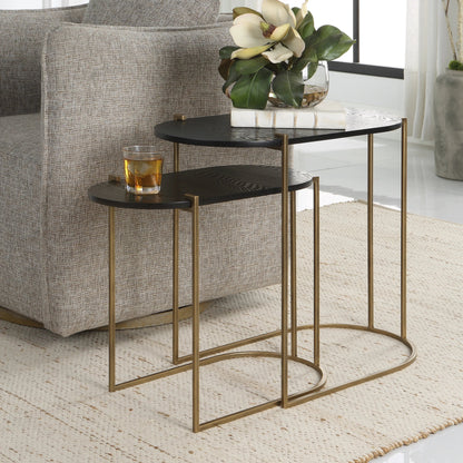 Aztec Nesting Tables by Uttermost in antique brass, ebony. Made from iron, mdf, ash in a modern style.