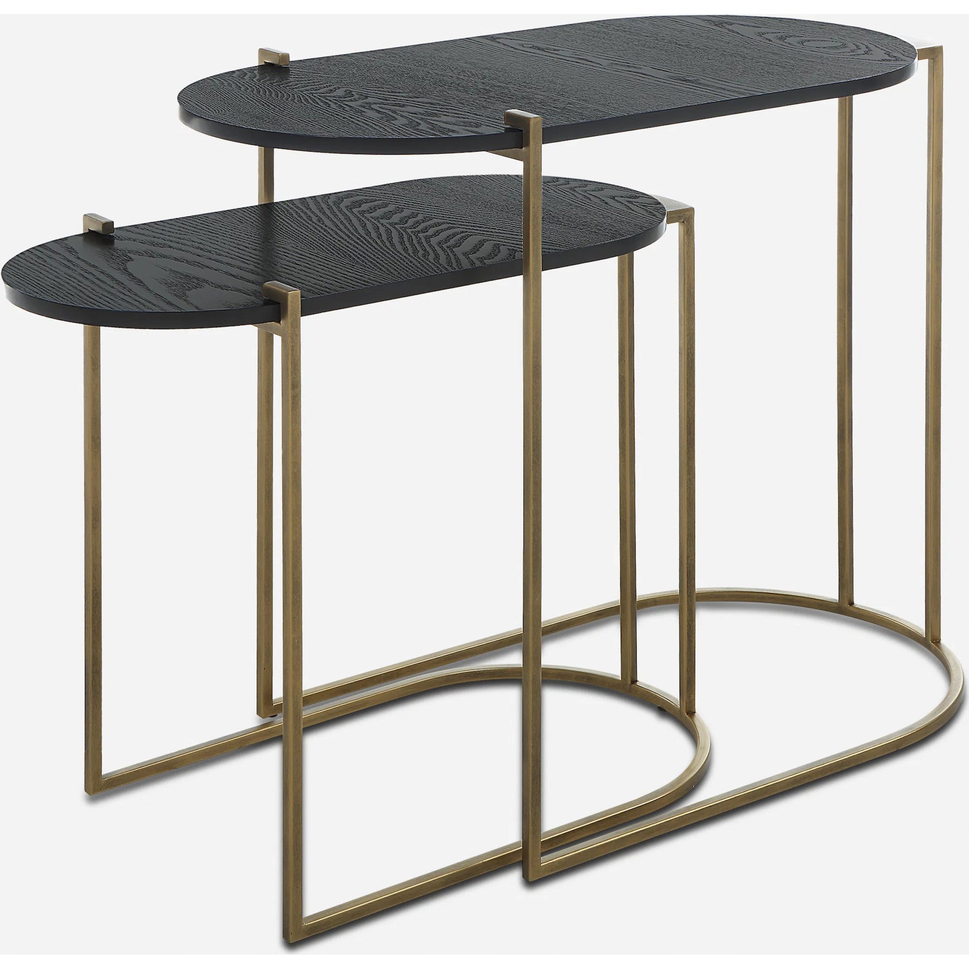 Aztec Nesting Tables by Uttermost in antique brass, ebony. Made from iron, mdf, ash in a modern style.