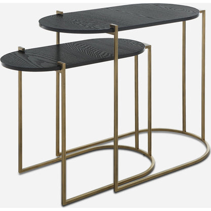 Aztec Nesting Tables by Uttermost in antique brass, ebony. Made from iron, mdf, ash in a modern style.