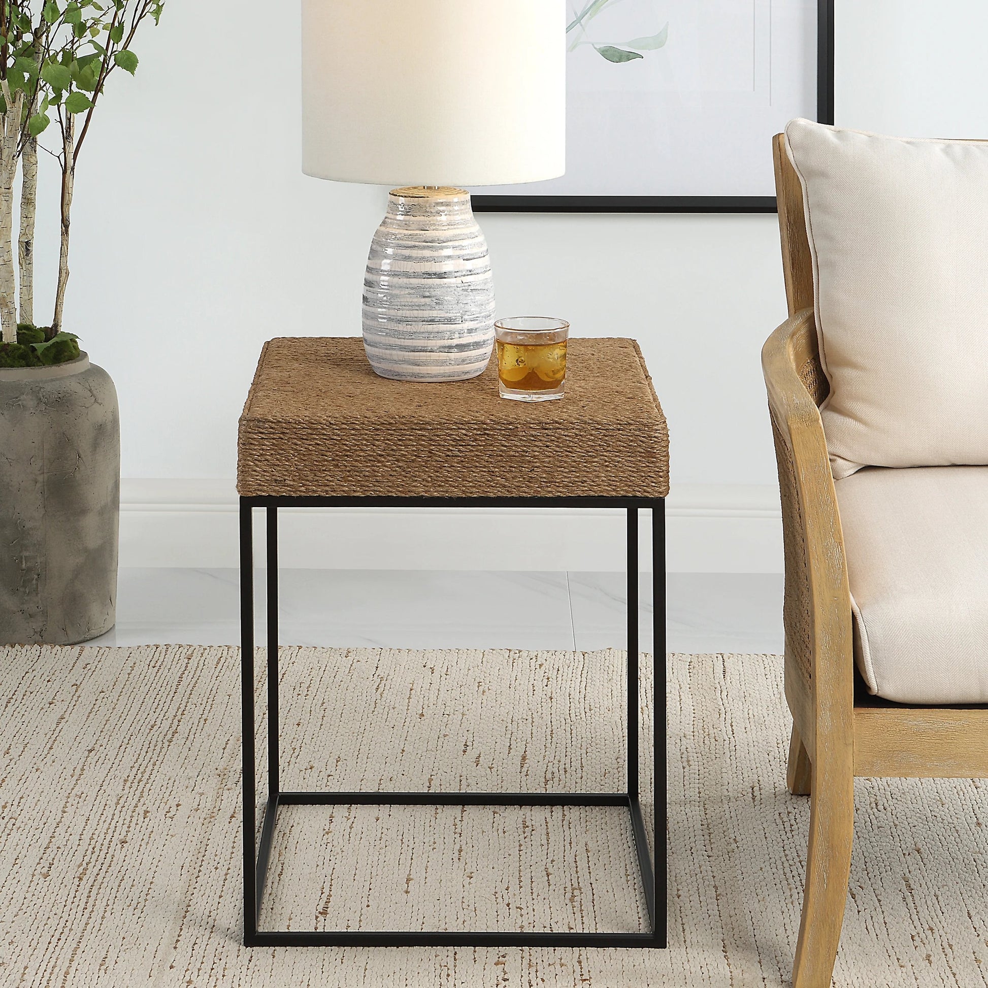 Laramie Accent Table by Uttermost. Made from mdf, iron, rope in a cottage & farmhouse style.