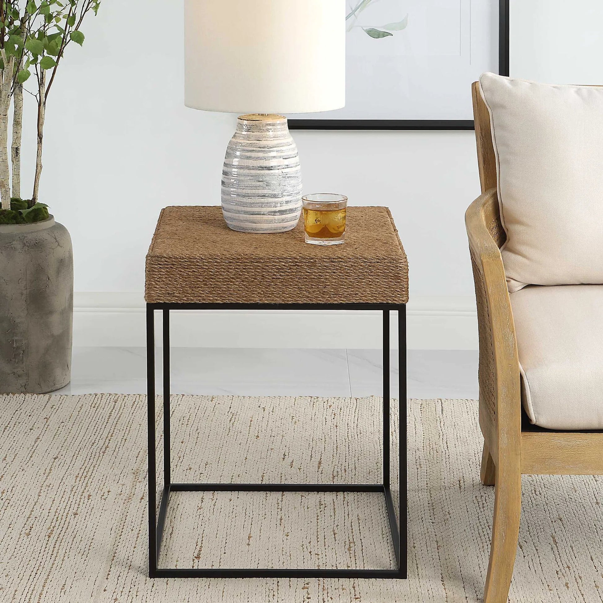 Laramie Accent Table by Uttermost. Made from mdf, iron, rope in a cottage & farmhouse style.