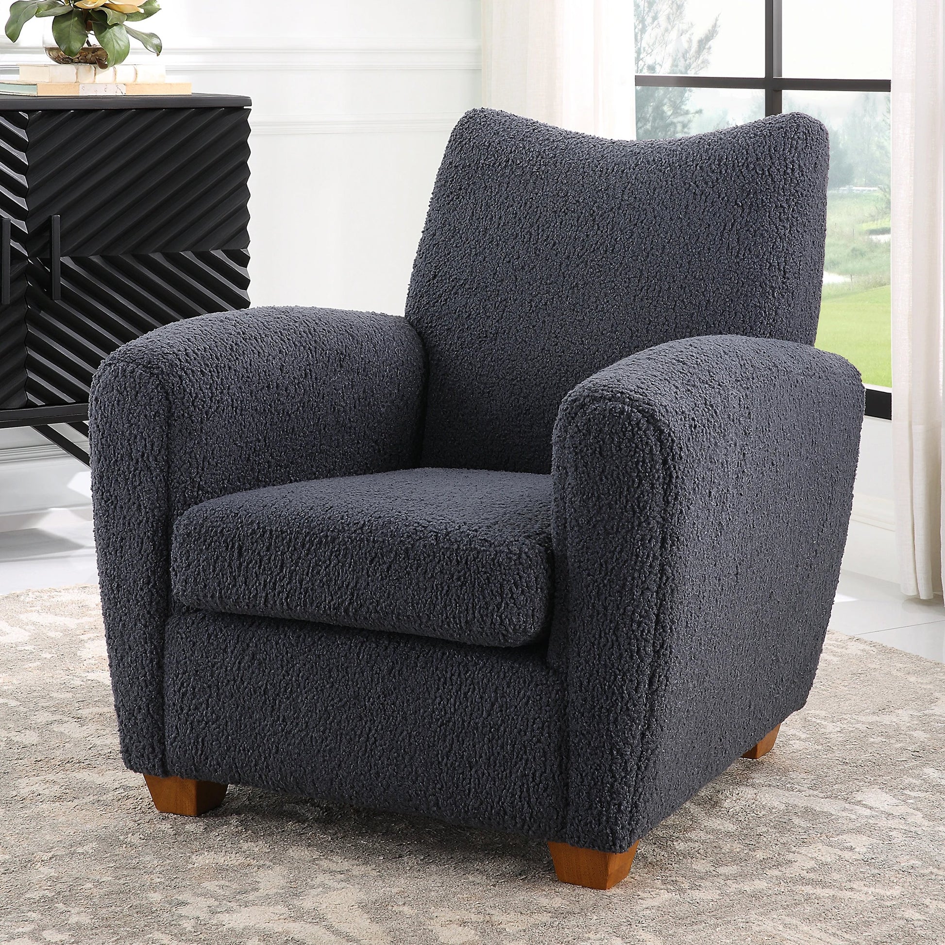 Teddy Accent Chair by Uttermost in walnut. Made from rubber wood, plywood, fabric, foam in a modern style.