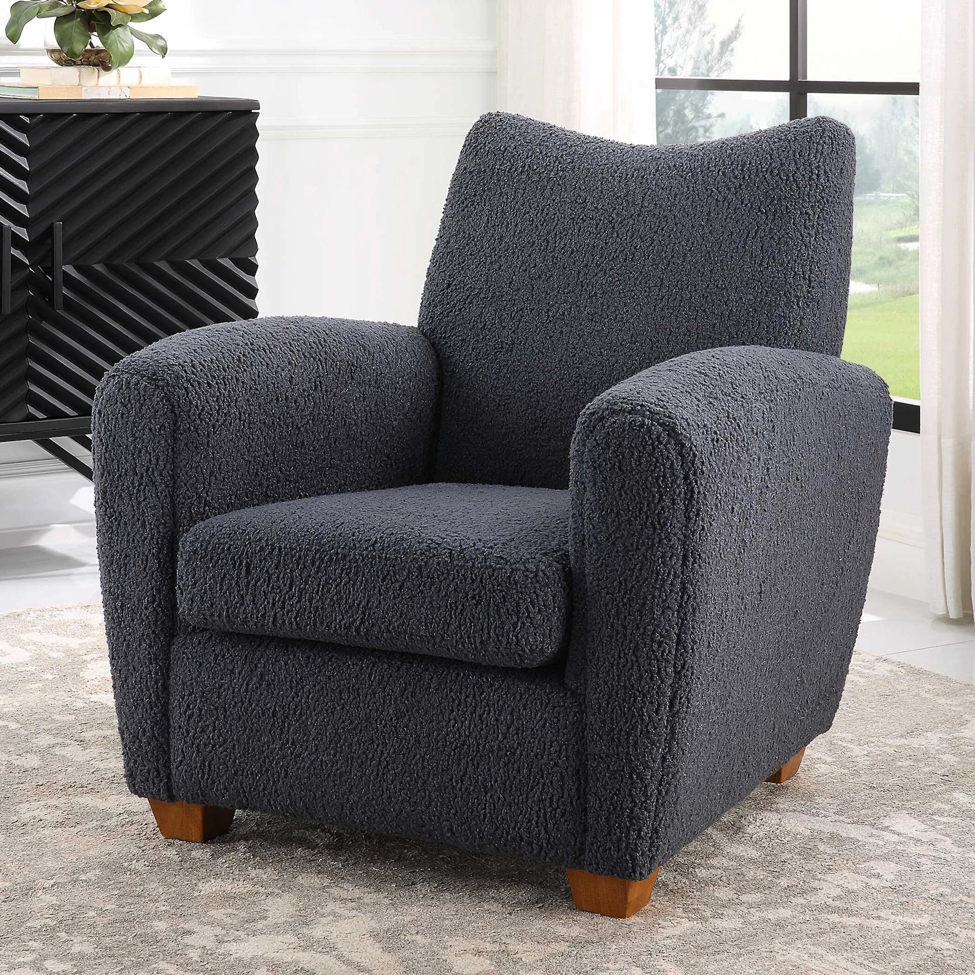 Teddy Accent Chair by Uttermost in walnut. Made from rubber wood, plywood, fabric, foam in a modern style.