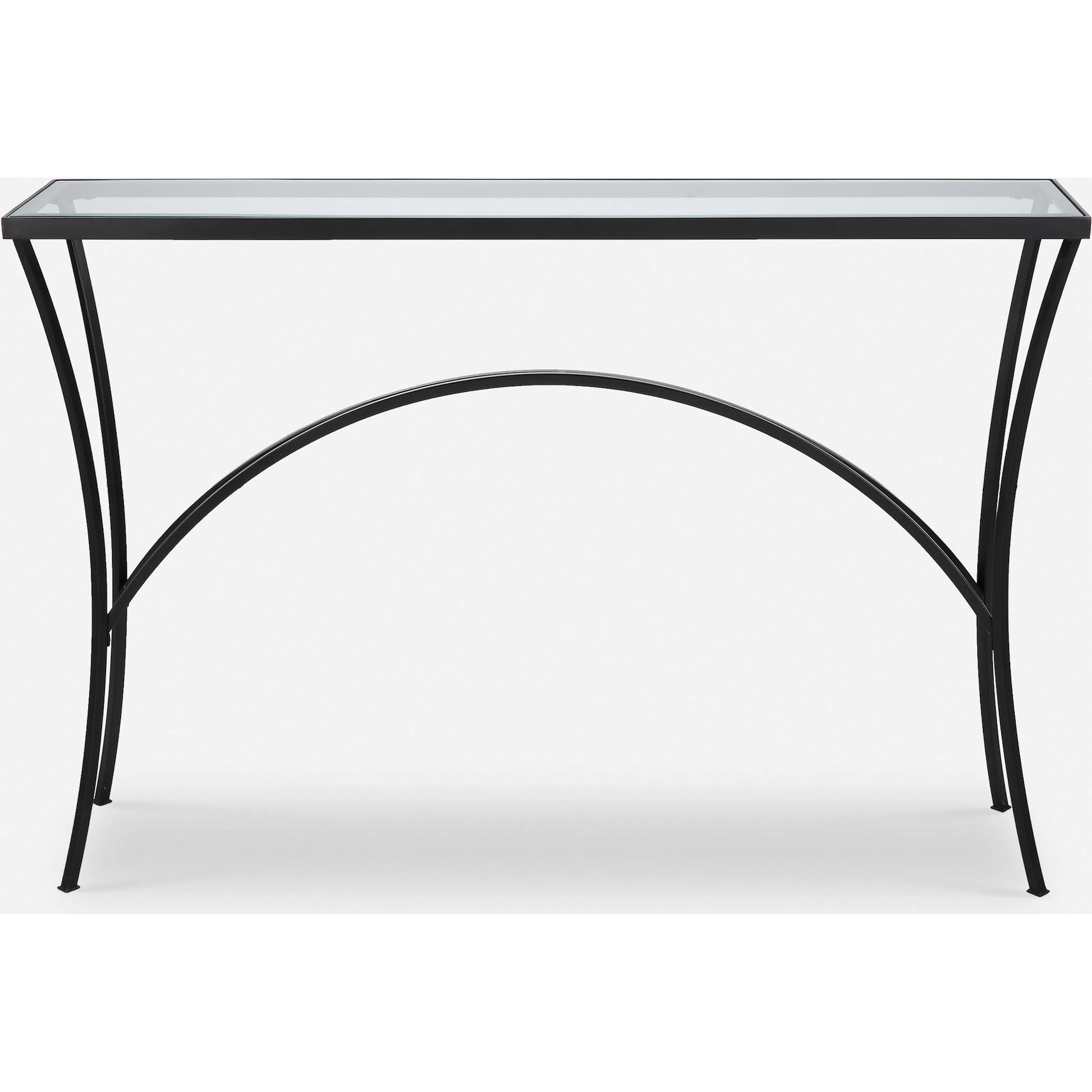 Alayna Console Table by Uttermost in black. Made from metal, tempered glass in a modern style.