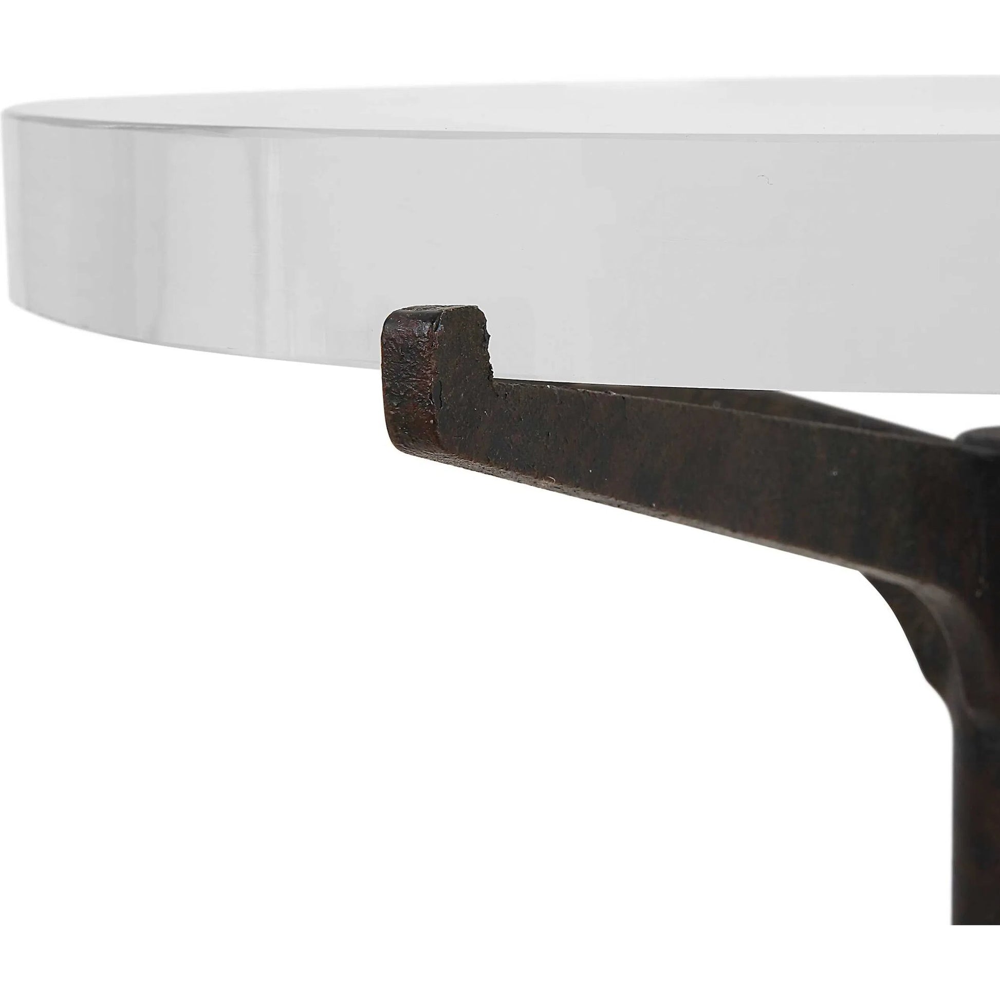 Forge Accent Table by Uttermost in rustic brown. Made from metal, crystal in a modern style.