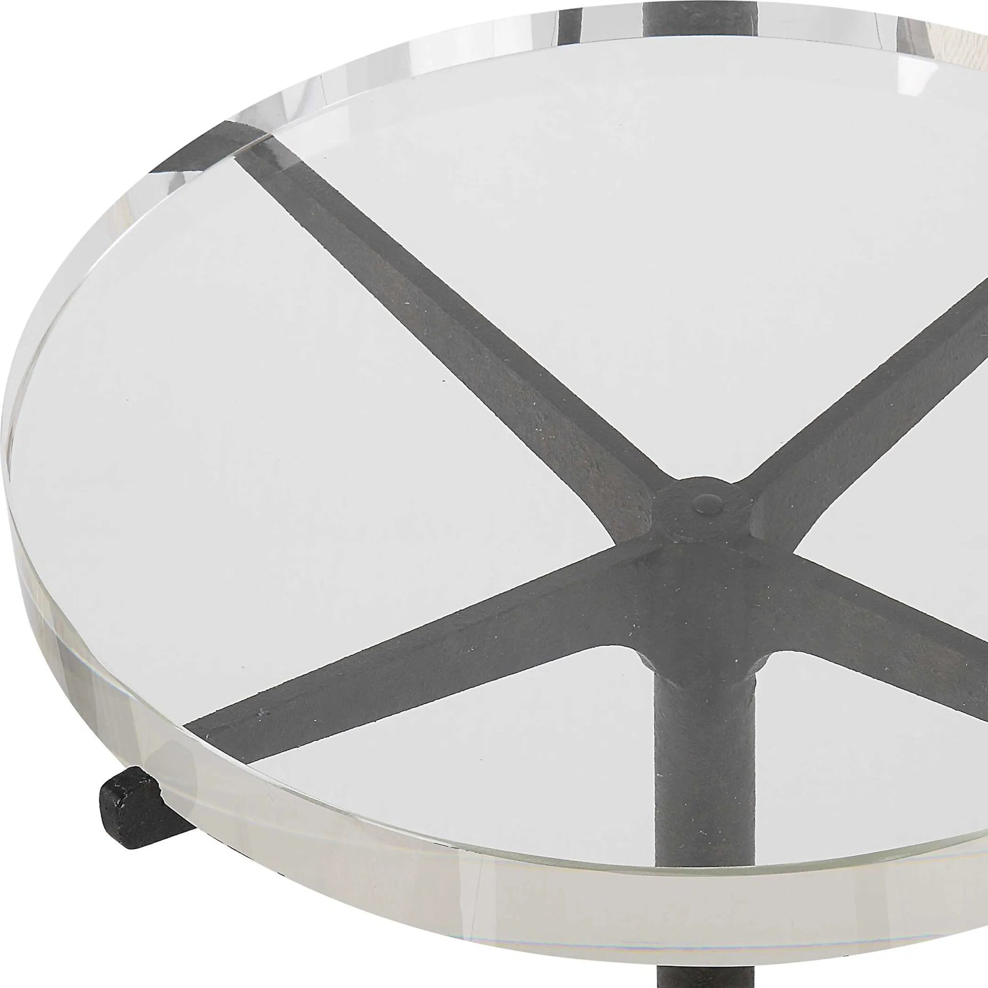 Forge Accent Table by Uttermost in rustic brown. Made from metal, crystal in a modern style.