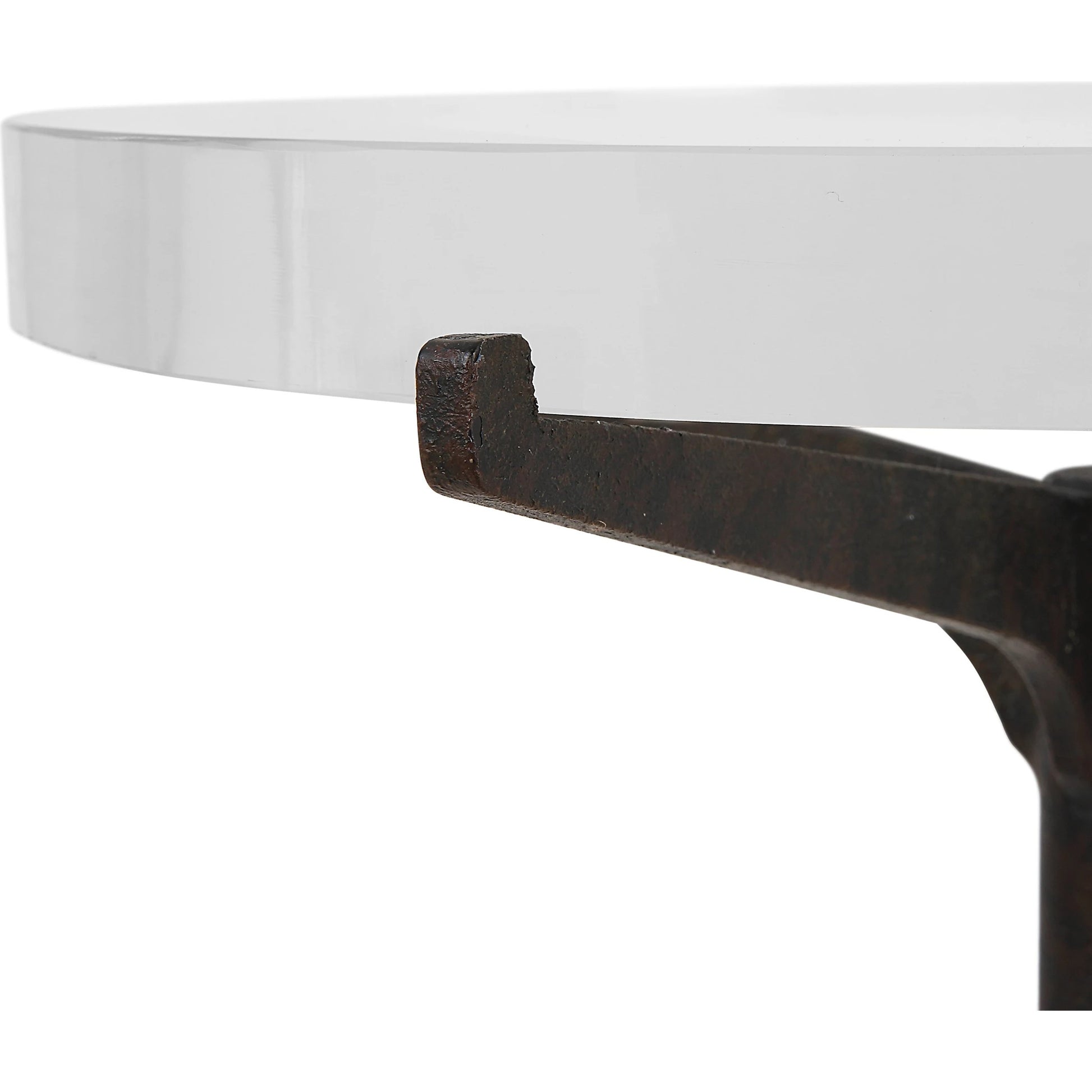 Forge Accent Table by Uttermost in rustic brown. Made from metal, crystal in a modern style.