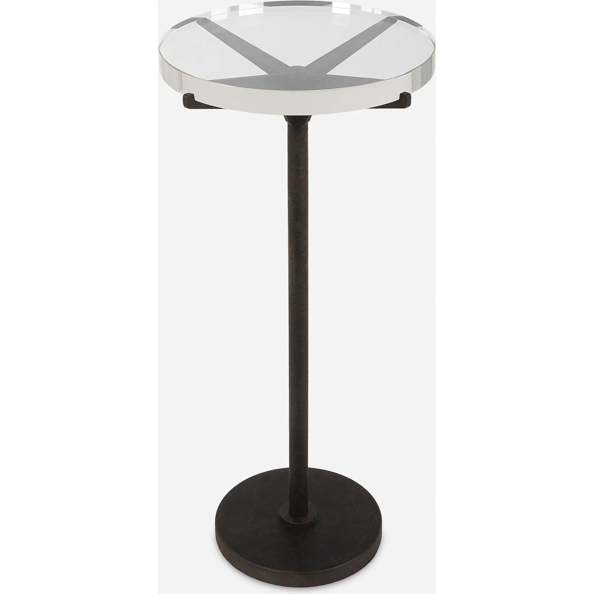 Forge Accent Table by Uttermost in rustic brown. Made from metal, crystal in a modern style.