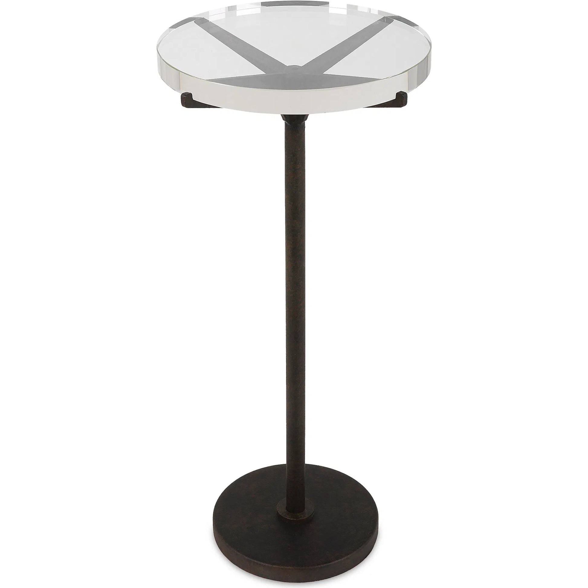 Forge Accent Table by Uttermost in rustic brown. Made from metal, crystal in a modern style.