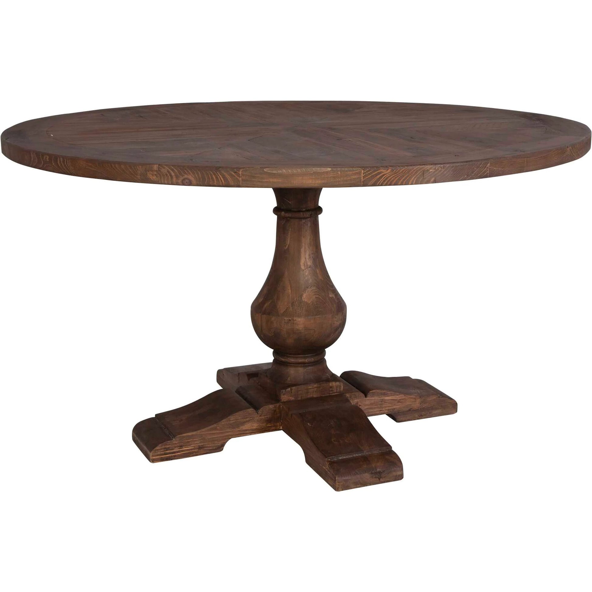 Stratford Round Dining Table by Uttermost in stony gray wash. Made from reclaimed fir in a traditional style.