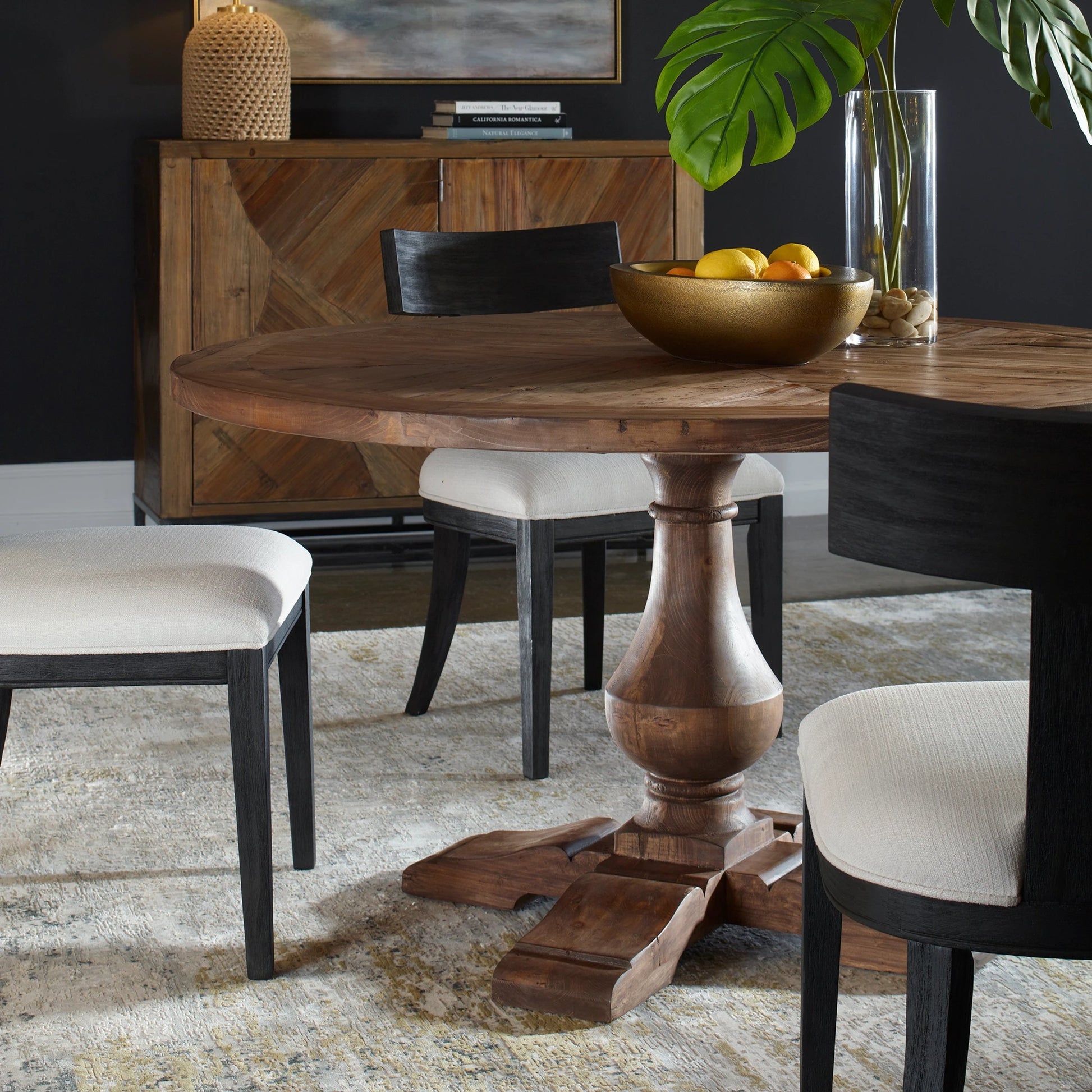 Stratford Round Dining Table by Uttermost in stony gray wash. Made from reclaimed fir in a traditional style.