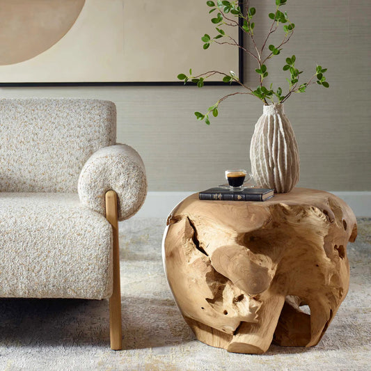 Sola Handcrafted Side Table by Uttermost in teak. Made from teak wood in a rustic style.