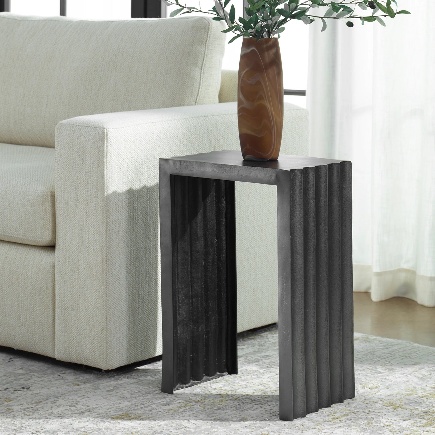 006 SI-2146838 | Lifestyle | In the Groove Accent Table by Uttermost in nickel. Made from aluminum in a modern style.