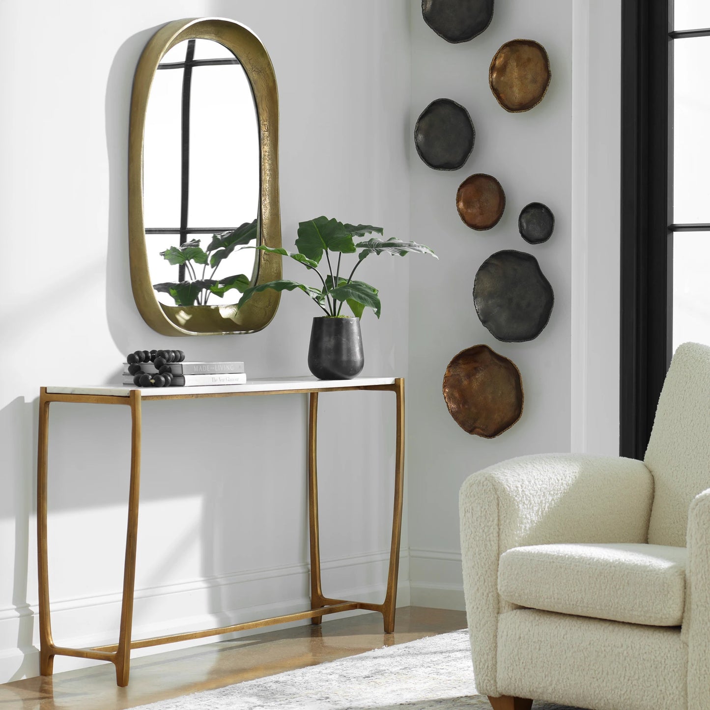 006 SI-2146839 | Lifestyle | Affinity Console Table by Uttermost in gold. Made from marble, aluminum in a modern style.
