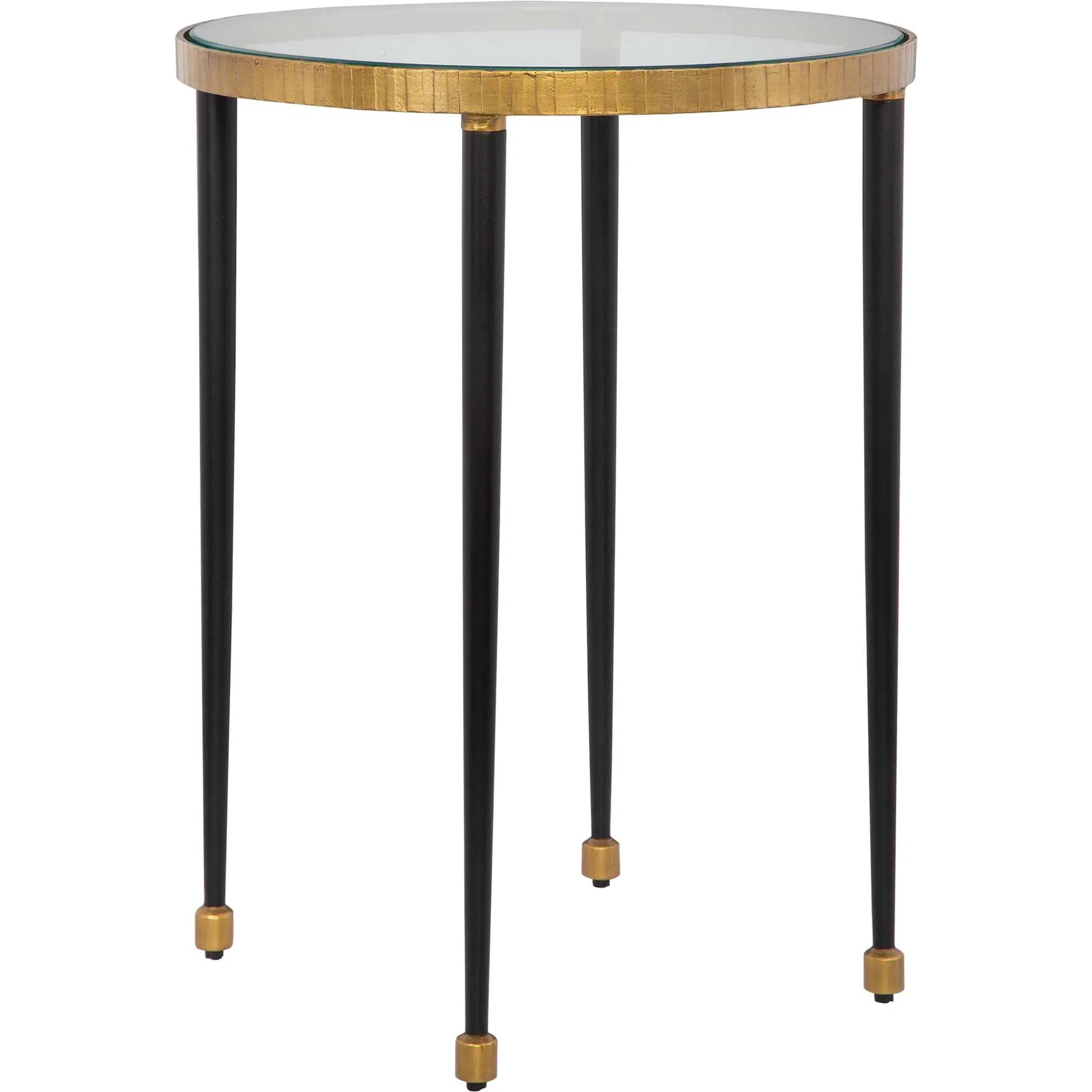 Stiletto Side Table by Uttermost in antiqued gold. Made from iron, glass in a modern style.