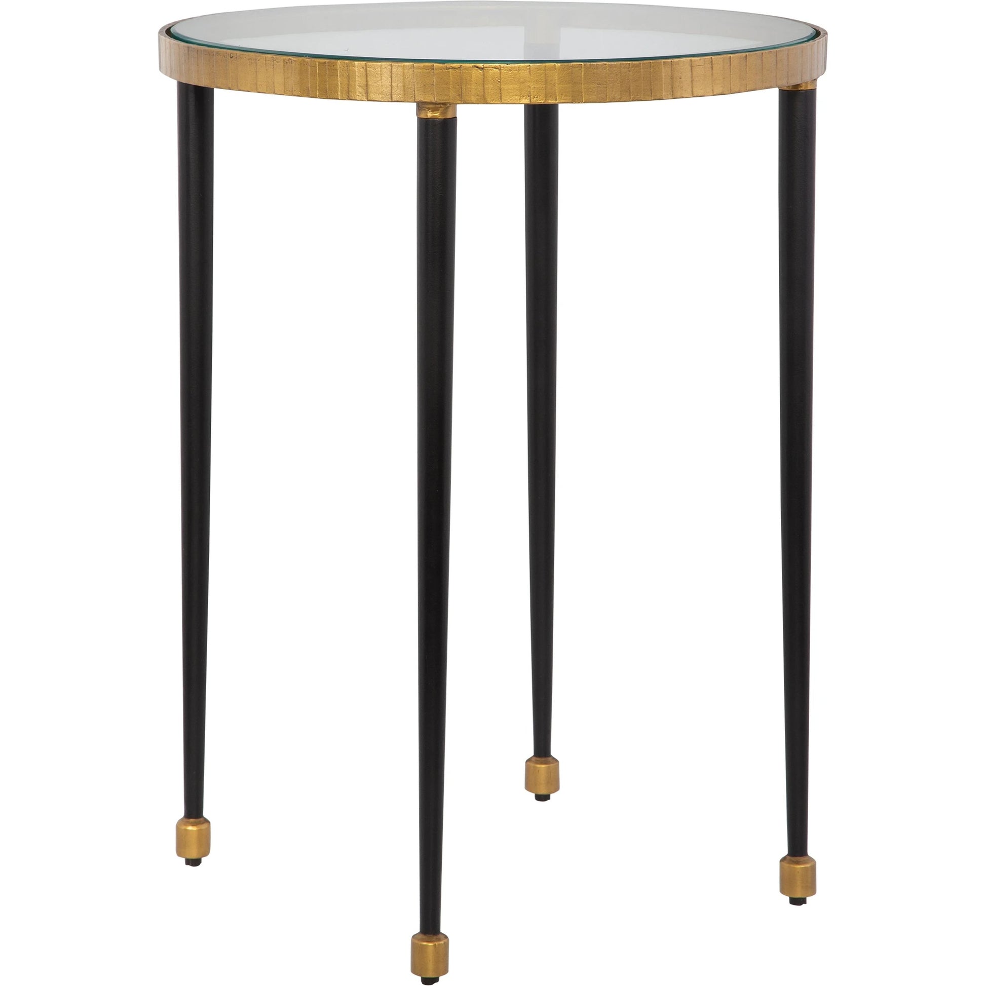 Stiletto Side Table by Uttermost in antiqued gold. Made from iron, glass in a modern style.