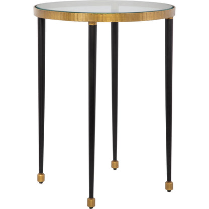 Stiletto Side Table by Uttermost in antiqued gold. Made from iron, glass in a modern style.