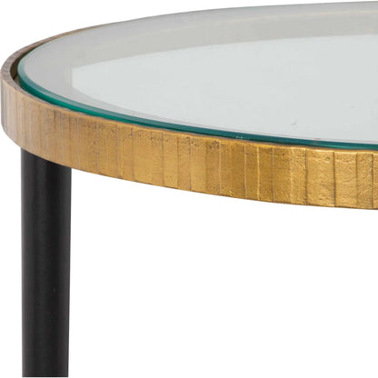 Stiletto Side Table by Uttermost in antiqued gold. Made from iron, glass in a modern style.