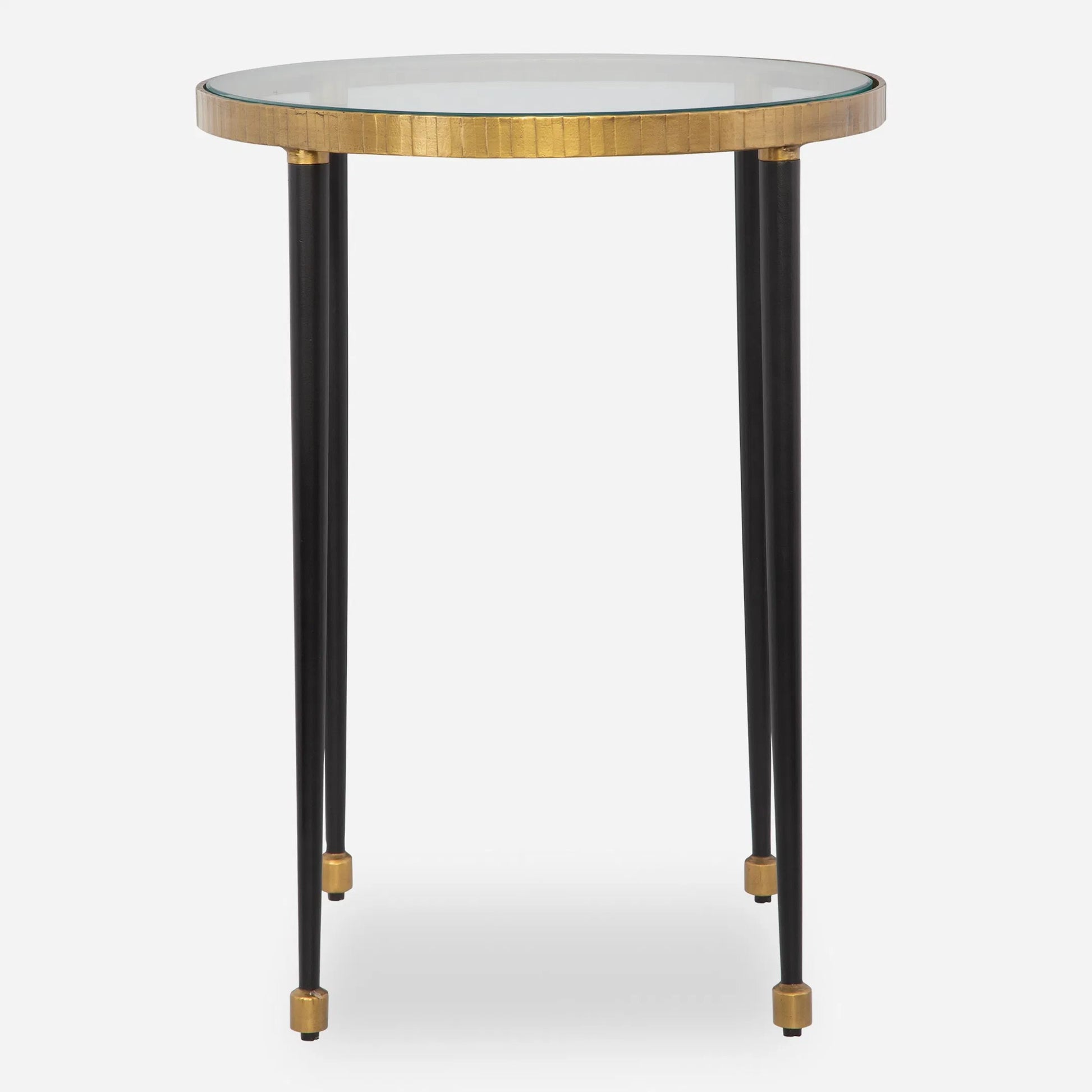 Stiletto Side Table by Uttermost in antiqued gold. Made from iron, glass in a modern style.