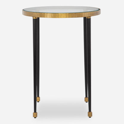 Stiletto Side Table by Uttermost in antiqued gold. Made from iron, glass in a modern style.