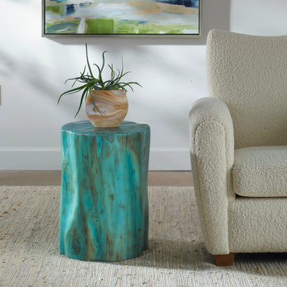 Habitat Accent Stool by Uttermost in blue-green. Made from tamarind wood in a rustic style.