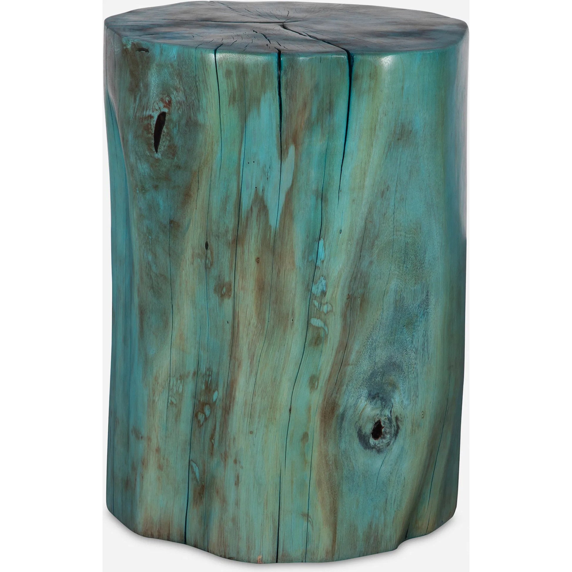 Habitat Accent Stool by Uttermost in blue-green. Made from tamarind wood in a rustic style.