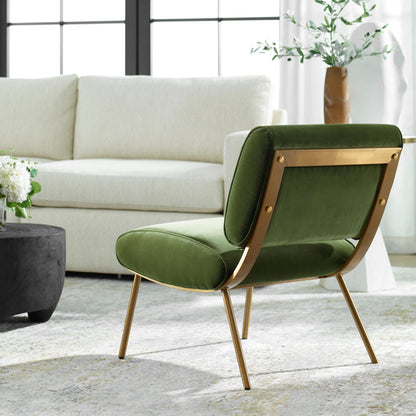 Knoll Mid-Century Accent Chair by Uttermost in olive green and brass. Made from stainless steel, fabric, foam, wood in a modern style.