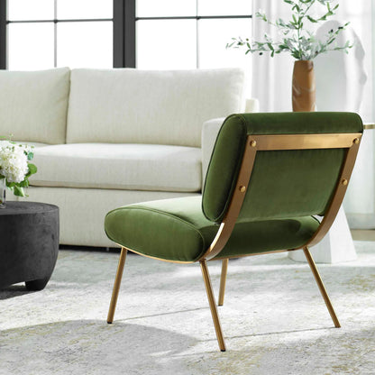 Knoll Mid-Century Accent Chair by Uttermost in olive green and brass. Made from stainless steel, fabric, foam, wood in a modern style.