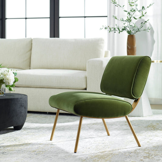 Knoll Mid-Century Accent Chair by Uttermost in olive green and brass. Made from stainless steel, fabric, foam, wood in a modern style.