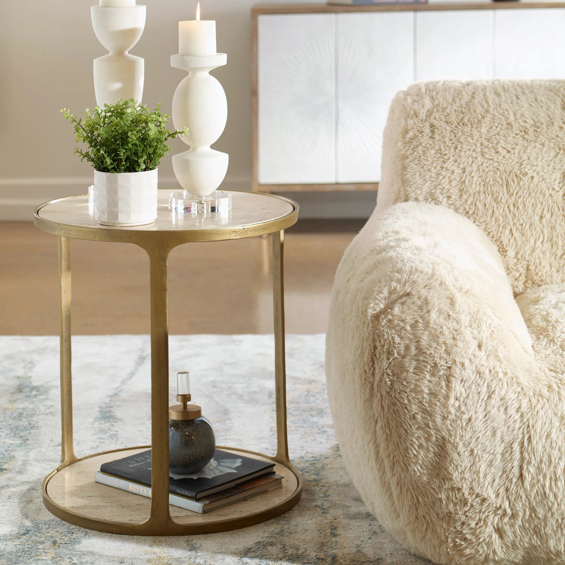 Clench Side Table by Uttermost in brass. Made from stone, metal in a modern style.
