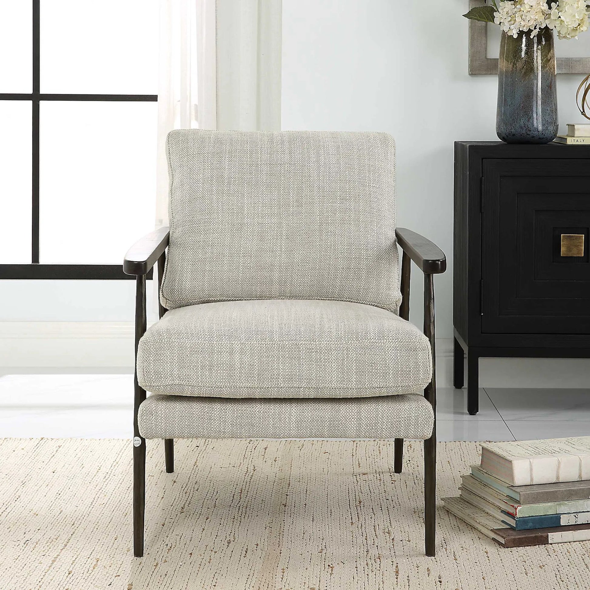 Sebastian Accent Chair by Uttermost in ivory, beige and dark bronze, dark walnut. Made from iron, oak, fabric, foam, down, plywood in a modern style.