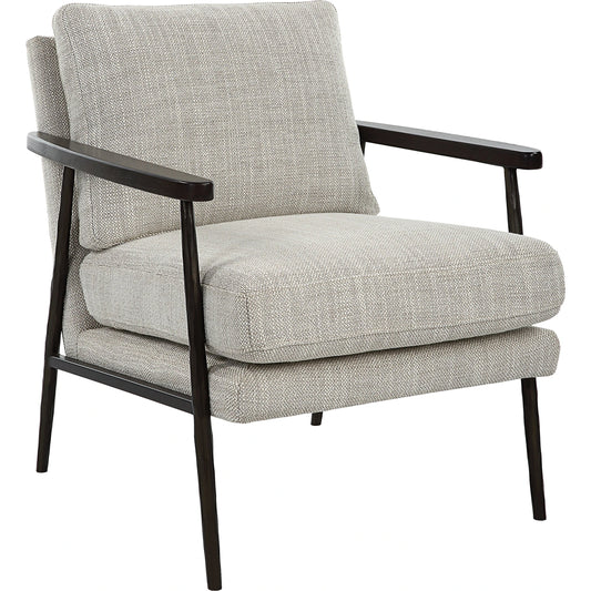 Sebastian Accent Chair by Uttermost in ivory, beige and dark bronze, dark walnut. Made from iron, oak, fabric, foam, down, plywood in a modern style.
