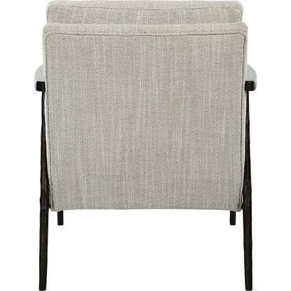 Sebastian Accent Chair by Uttermost in ivory, beige and dark bronze, dark walnut. Made from iron, oak, fabric, foam, down, plywood in a modern style.