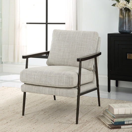 Sebastian Accent Chair by Uttermost in ivory, beige and dark bronze, dark walnut. Made from iron, oak, fabric, foam, down, plywood in a modern style.