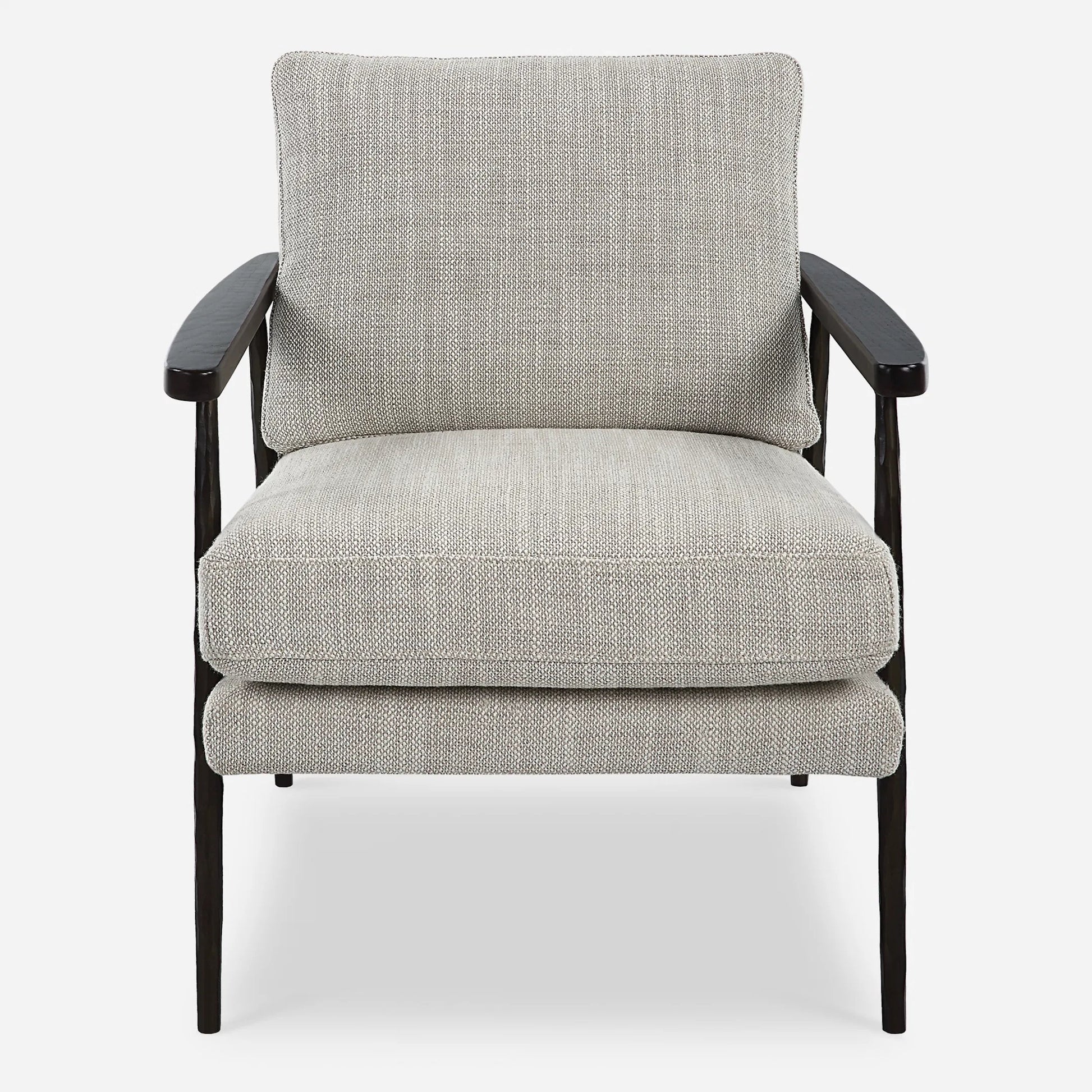 Sebastian Accent Chair by Uttermost in ivory, beige and dark bronze, dark walnut. Made from iron, oak, fabric, foam, down, plywood in a modern style.