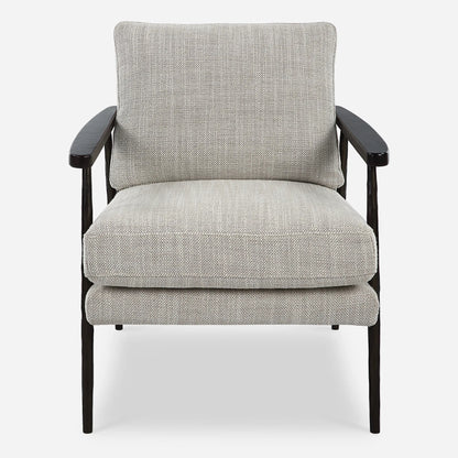 Sebastian Accent Chair by Uttermost in ivory, beige and dark bronze, dark walnut. Made from iron, oak, fabric, foam, down, plywood in a modern style.
