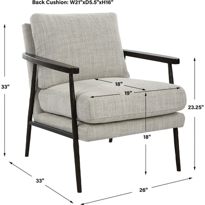 Sebastian Accent Chair by Uttermost in ivory, beige and dark bronze, dark walnut. Made from iron, oak, fabric, foam, down, plywood in a modern style.
