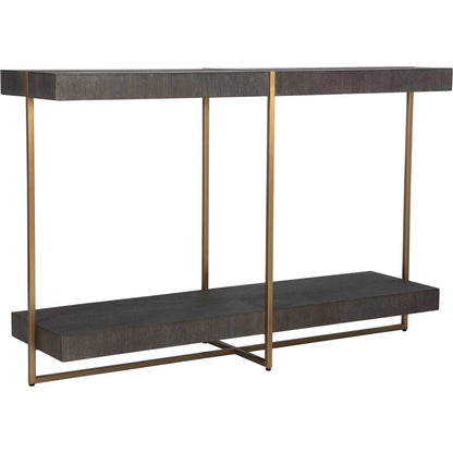 Taja Console Table by Uttermost in dark walnut. Made from mdf, veneer, stainless steel in a modern style.