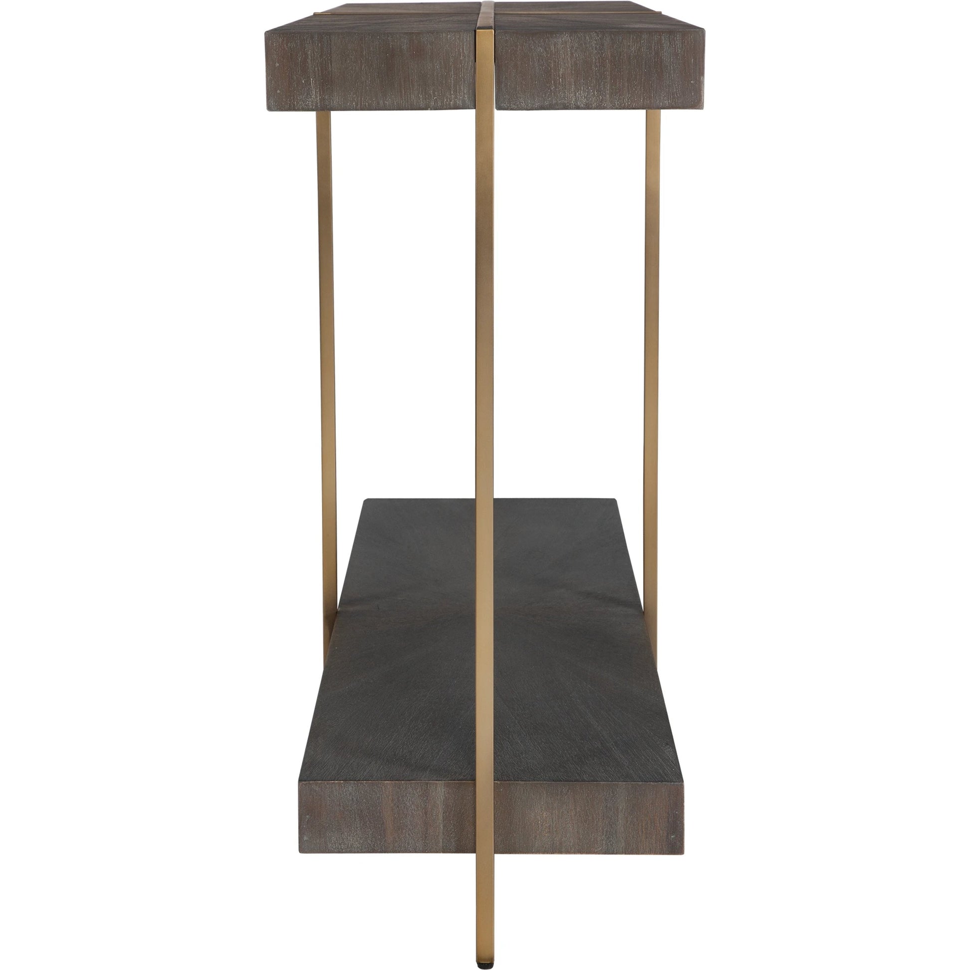 Taja Console Table by Uttermost in dark walnut. Made from mdf, veneer, stainless steel in a modern style.