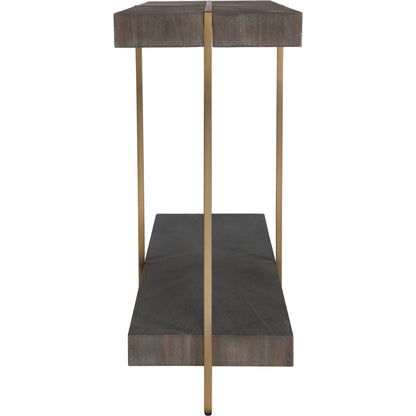 Taja Console Table by Uttermost in dark walnut. Made from mdf, veneer, stainless steel in a modern style.