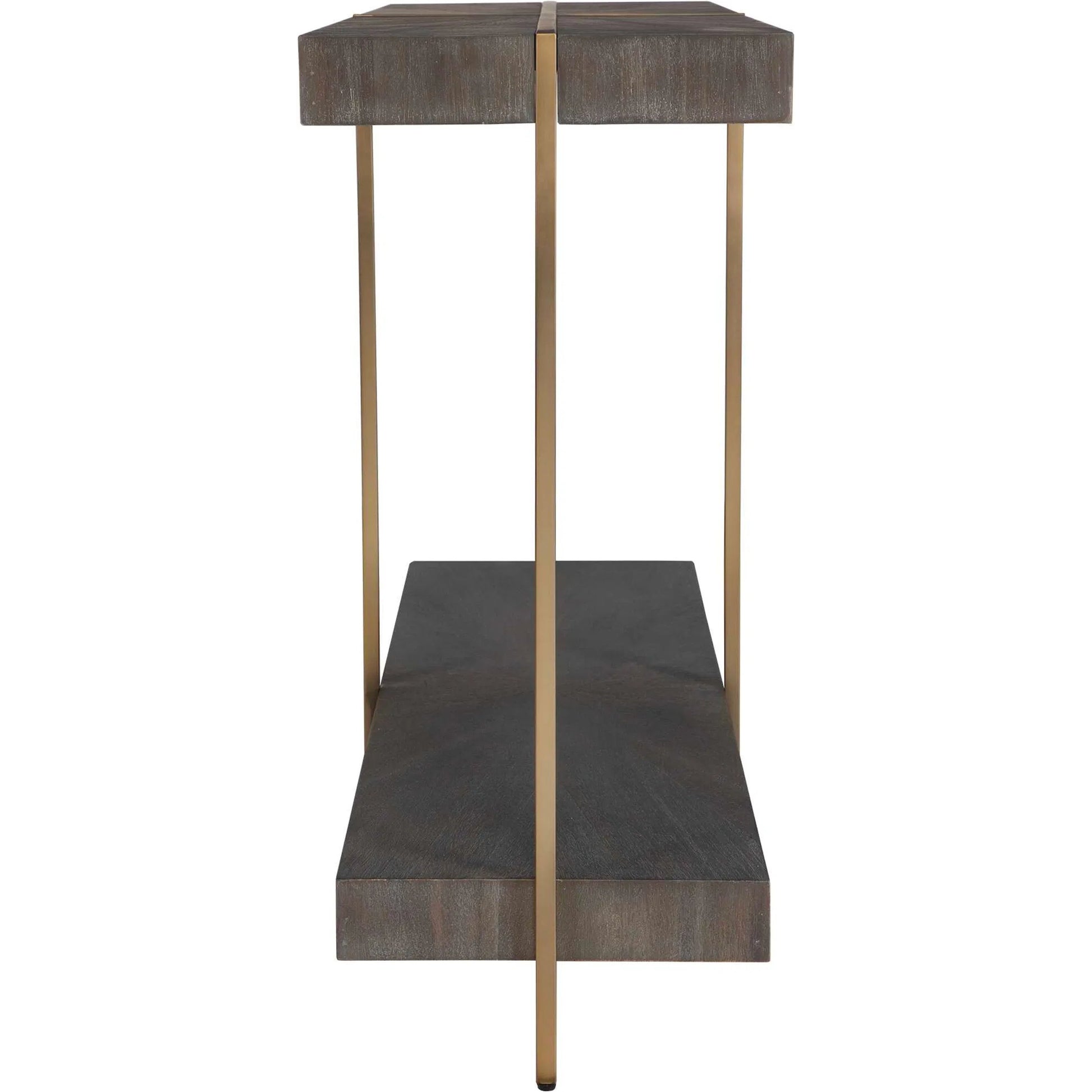 Taja Console Table by Uttermost in dark walnut. Made from mdf, veneer, stainless steel in a modern style.