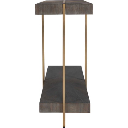 Taja Console Table by Uttermost in dark walnut. Made from mdf, veneer, stainless steel in a modern style.
