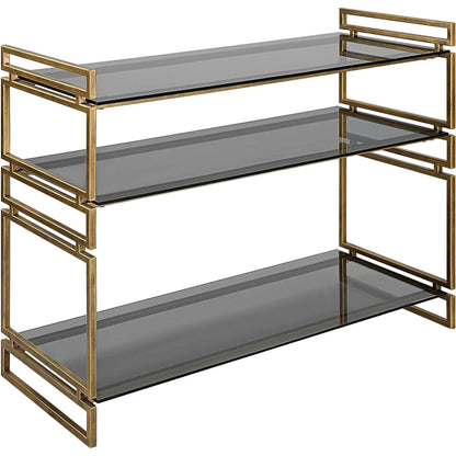 Stacked Up Console Table by Uttermost in antiqued gold. Made from iron, glass in a modern style.