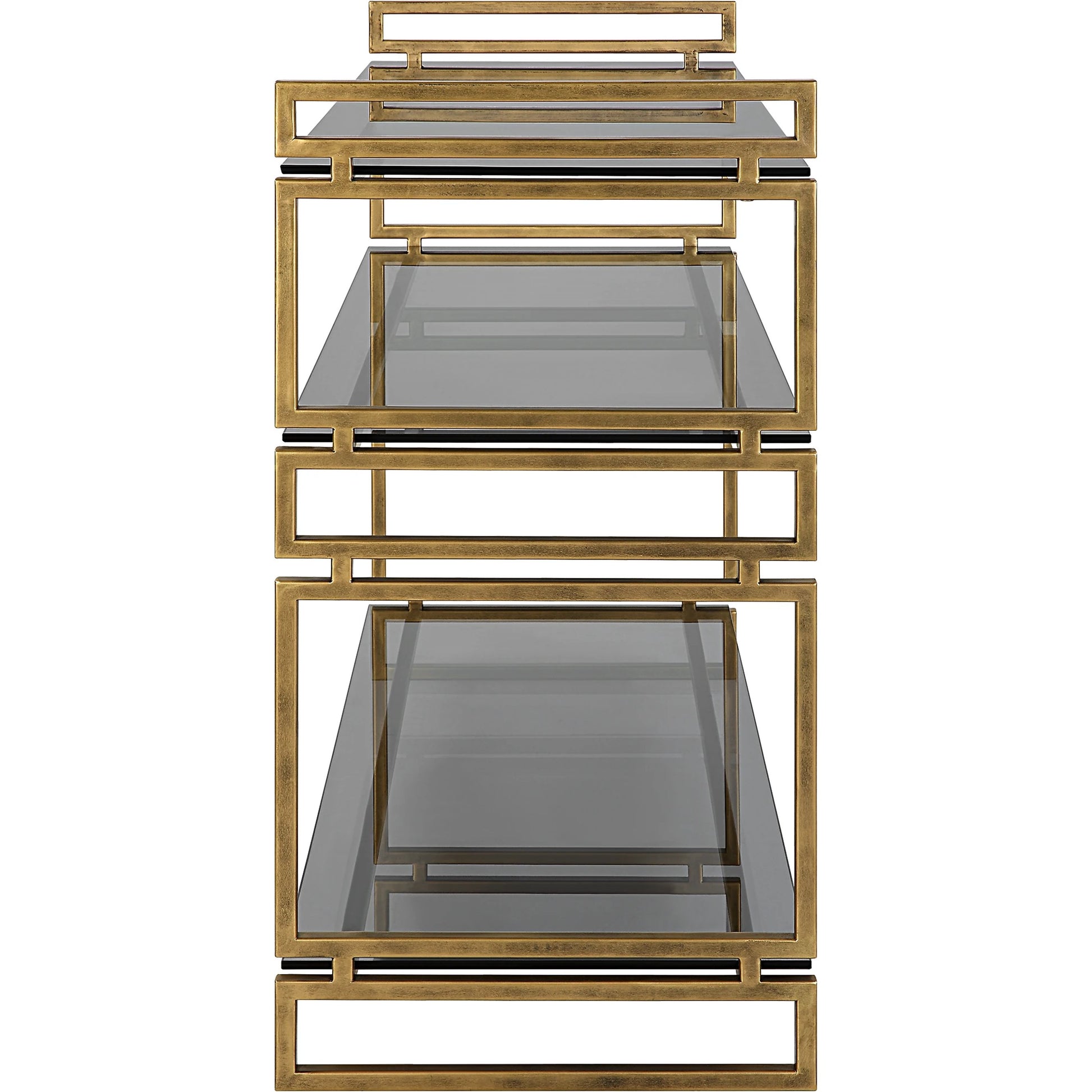 Stacked Up Console Table by Uttermost in antiqued gold. Made from iron, glass in a modern style.