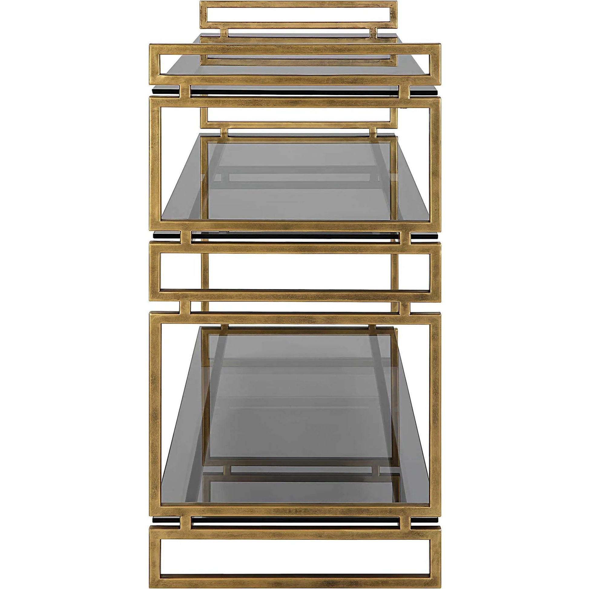 Stacked Up Console Table by Uttermost in antiqued gold. Made from iron, glass in a modern style.