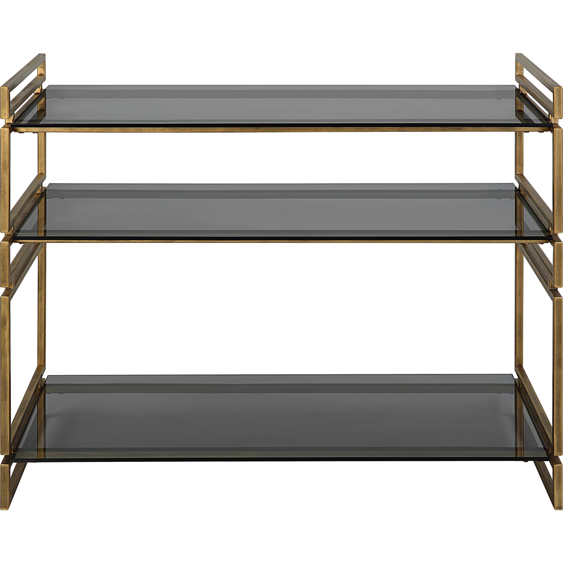 Stacked Up Console Table by Uttermost in antiqued gold. Made from iron, glass in a modern style.