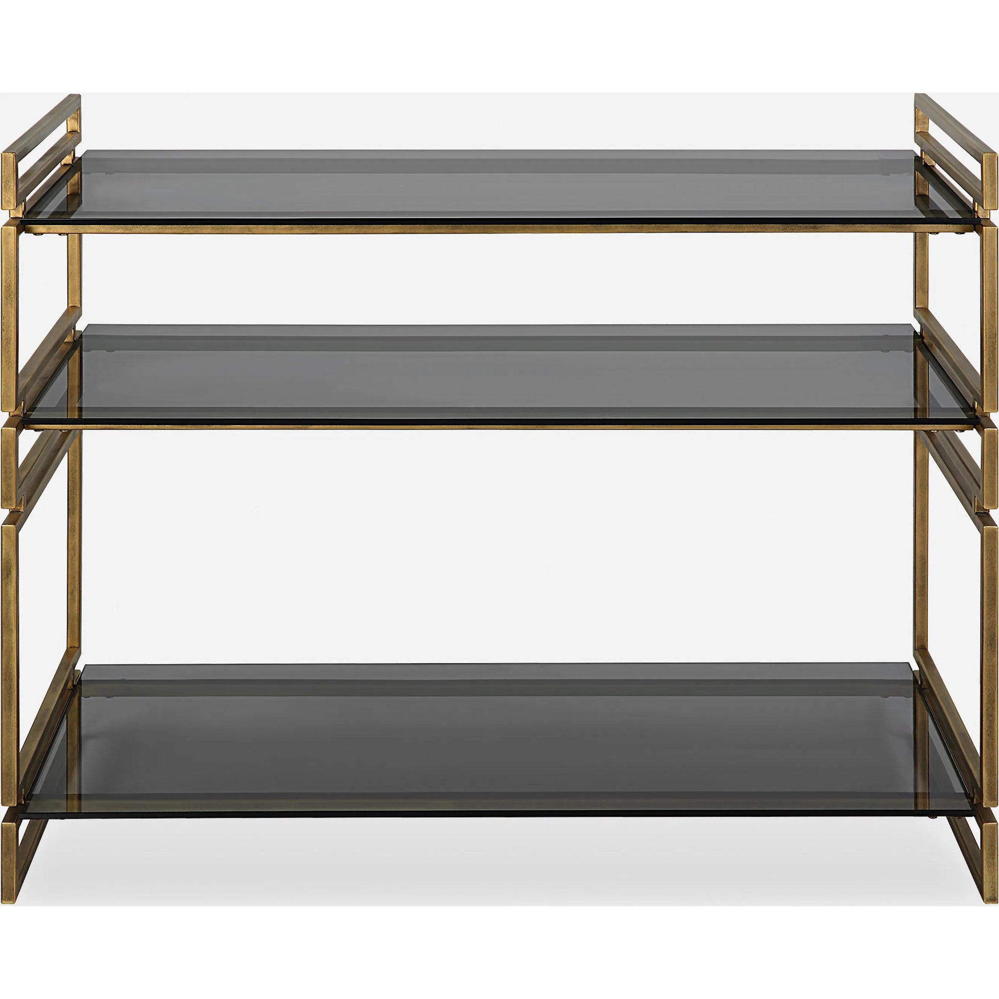 Stacked Up Console Table by Uttermost in antiqued gold. Made from iron, glass in a modern style.