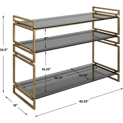 Stacked Up Console Table by Uttermost in antiqued gold. Made from iron, glass in a modern style.